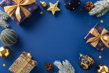 Elegant Blue & Gold Gift Arrangement. Overhead photo of radiant gifts, holiday balls, shining star, glitter, pinecones, frost-covered fir branches on luxurious blue background with room for your adsの写真素材