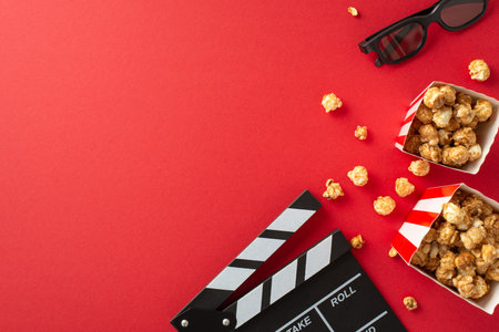 Cinema premiere setup. Top-down view of a filmmaker's clapper, 3D eyewear, delectable striped popcorn boxes on a red surface with space for your text or promoの写真素材
