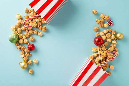 Christmas-themed filmstrip concept. Top-view shot of delicious popcorn in a festive boxes with ornaments, balls, sweets on a light blue backdrop with space for text or film promotionの写真素材
