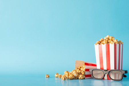 Film fest with buddies and munchies theme. Side view photograph of a tabletop with scrumptious popcorn in striped containers and 3D glasses on pastel blue backdrop, ideal for movie promoの写真素材