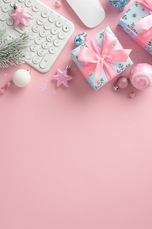 vertical top view of web shopping for a girly holiday, keyboard, search mouse, glimmering baubles, stars, ribbon-adorned gift boxes, holly berries, fir branch on pastel pink with space for text or adの写真素材