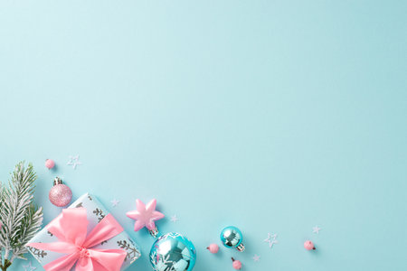 Luxurious festive gifts in aqua and blush with decorative accents. Overhead shot of ornate ornaments, present tied with pink ribbon, frosty pine branch on pastel blue backdrop, space for your messageの写真素材