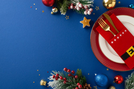 New Year's Eve table top view setup with a playful touch â Santa's coat-shaped tableware holder, plates, pine tree twigs, holly berries, confetti and festive ornaments on blue background with ad spaceの写真素材