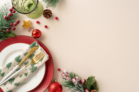 Luxurious table arrangement for festive New Year's dinner. Top-view plates, golden cutlery, napkin, wine glass, holiday baubles, candlelight, fir branches, mistletoe on beige backdrop for text or adの写真素材