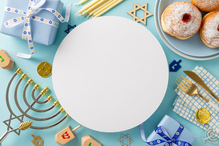 Hanukkah dining table concept. Overhead shot featuring sufganiyot, napkin, cutlery, Star of David, gift boxes, menorah, gelt, dreidel on a soft blue surface with circular card for text or promotionの写真素材