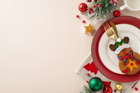Holiday-themed kids' table setting: Capture from top view showcasing plates, gilded cutlery, napkin, mug, baubles, star candle, frosty pine twigs, mistletoe berries against pastel beige backgroundの写真素材