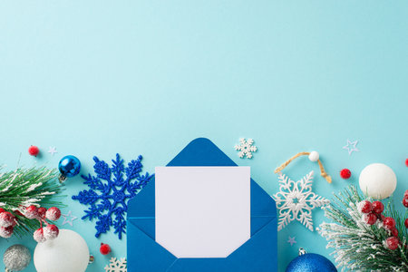 Send your holiday wishes! A top-view photograph showcases an envelope with letter, trinkets, baubles, pine branches in frost, holly berries, snowflakes, set on pastel blue backdrop with space for textの写真素材