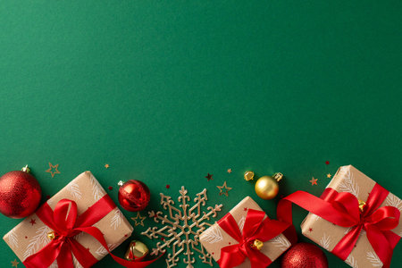 Festive preparations are underway! Top view of craft paper gift boxes, red and gold baubles,...