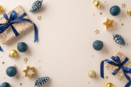 Uncover holiday joy under the tree: top view craft paper gifts, exquisite baubles, pine cone ornaments, starry candles, confetti on a pastel beige setting with ample space for text or promotionsの写真素材