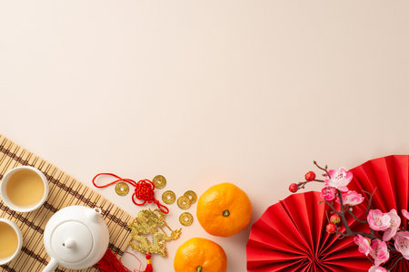 Chinese New Year's beauty from top view: fans, Feng Shui treasures, teapot set, and green teaâan ode to family customs. Tangerines, sakura, pastel beige canvas create a perfect space for your textの写真素材