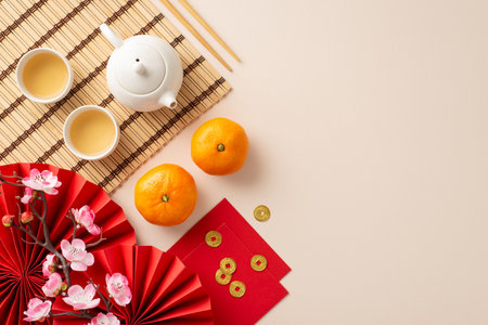 Glimpse into Chinese New Year's tea ceremony: top view of fans, Feng Shui items, teapot set, teaâcherished family practice. Tangerines and sakura on neutral backdrop, providing space for your wordsの写真素材