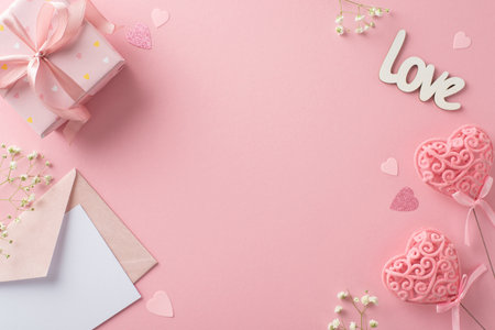 A love-filled scene for Valentine's Day: gift box, gypsophila, heart-shaped confetti, invitation envelope, and heart decor on sticks. Top view on a pastel pink background with space for your wordsの写真素材