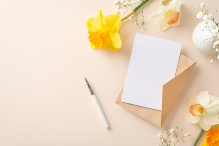 Greeting letter for spring holidays concept. Above view photo of daffodils and gypsophila flowers with envelope and empty paper sheet as copy space for text or advert on beige isolated backgroundの写真素材