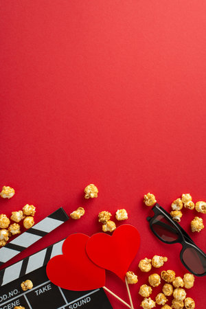 Set the mood for Valentine's with romantic movies: Vertical top view of a clapperboard, 3D spectacles, scattered popcorn, and heart-themed decor against a red background, ideal for a cozy movie nightの写真素材