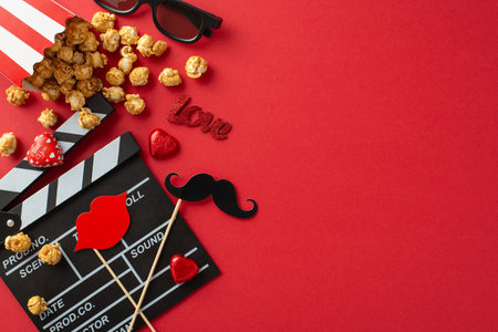 Premiere Passion: A top view of a clapperboard, 3D glasses, popcorn, chocolates, and themed decor, creating a romantic ambiance for a special movie night on a red backgroundの写真素材