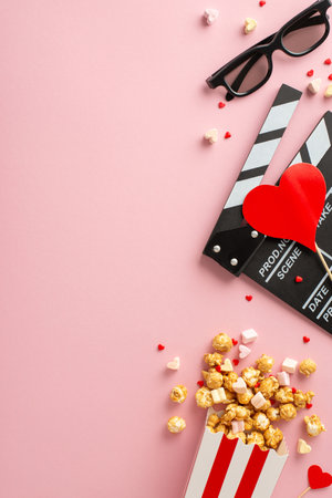Valentine's cinema essentials: Vertical top view clapperboard, 3D glasses, popcorn, heart decor, marshmallow, and sprinkles on a lovely pastel pink surface. Elevate your romantic movie nightの写真素材