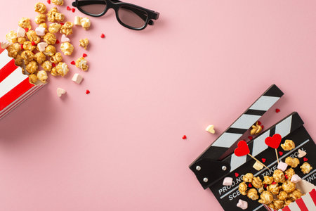 Valentine's Day cinema date scene. Overhead shot of clapperboard, 3D glasses, striped popcorn boxes, heart-themed decorations, marshmallows, and sprinkles arranged on sweet pastel pink backgroundの写真素材