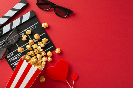 Film of Love: top view shot featuring clapperboard, 3D glasses, popcorn spilled from box, and heart-themed decor on a passionate red backdropâan ideal setting for a romantic movie premiereの写真素材
