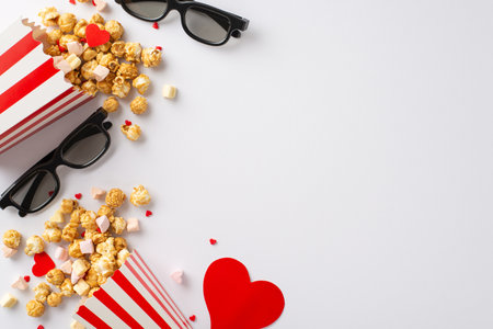 Romantic film fest on Valentine's Day. Top view of clapperboard, 3D glasses, striped popcorn boxes, heart decor, marshmallow, and sprinkles on white background. Perfect for text or adsの写真素材