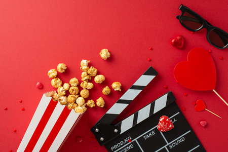 Cinematic Love Symphony: Overhead composition featuring slate, 3D glasses, spilled popcorn, candies, and heart-themed decor on vibrant red canvasâ charming setup for Saint Valentine's Day movie debutの写真素材