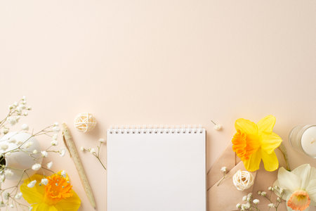 Embrace essence of spring season with daffodils and gypsophila. Above view photo features flower and petals and envelope on beige isolated background with blank notepad page inviting adverts or textの写真素材