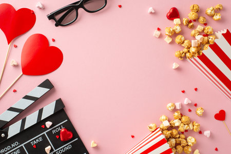 Cozy movie night for two on Valentine's Day: top view clapperboard, 3D glasses, popcorn, heart decor, candies, marshmallows, sprinkles on a sweet pastel pink background. Perfect for a romantic eveningの写真素材