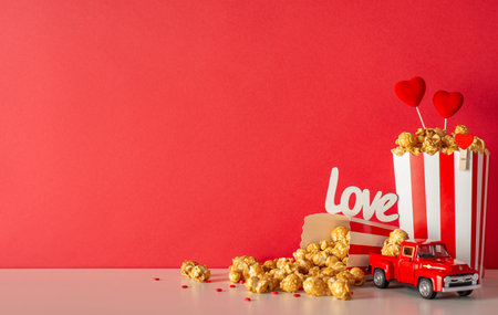 Valentine's Day special premiere for hopeless romantics. Side view table set with tiny car, popcorn spilled from striped boxes, heart decor, sprinkles. Red wall backdrop creates enchanting ambianceの写真素材