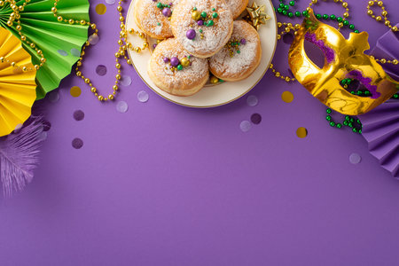 Carnival Delight calories-free feast. Top-down shot of plate adorned with scrumptious cupcakes, opulent masquerade mask, classic bead necklaces, confetti on purple backdrop with space for text or promoの写真素材