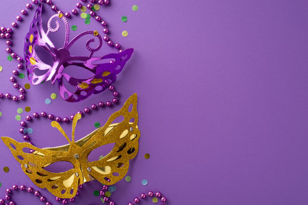 Festive Finesse Fiesta: A top view of an exquisite butterfly shaped carnival masks, ornate beads, confetti adorning a sumptuous purple setting, providing ample space for your text or advertisementの写真素材