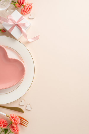 Romantic Anniversary Dinner: Overhead vertical shot of beautifully set table with heart-shaped plate, silverware, roses, and themed decor on a soft pastel background. Perfect for sharing loveの写真素材