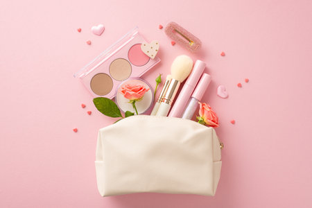 Unveil romance through gifts: Top view of cosmetic bag adorned with loveâlip gloss, brushes, eyeshadow, highlighter, barrette, sprinkles, roses on pastel pink background. Ideal Valentine's Day gestureの写真素材