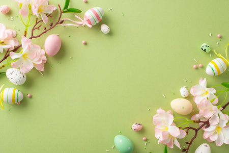 Springtime delight: top view of lively eggs, apple blossoms, and sugar sprinkles on a pastel green...