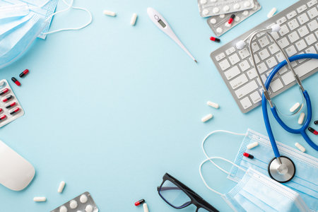 Telemedicine setup. Top view keyboard, mouse, stethoscope, masks, pills, thermometer, glasses on soft blue surface with space for text or advertの写真素材