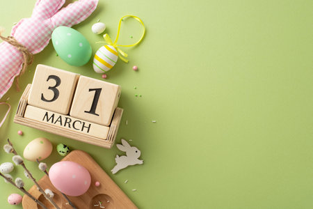 Counting Down to Easter Bliss: Top view of lively eggs in container, charming bunny, date on wooden...