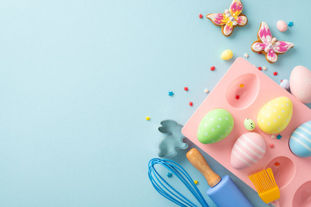 Easter Culinary Scene: Top view of baking table showcasing tools such as whisk, roller-pin, brush....