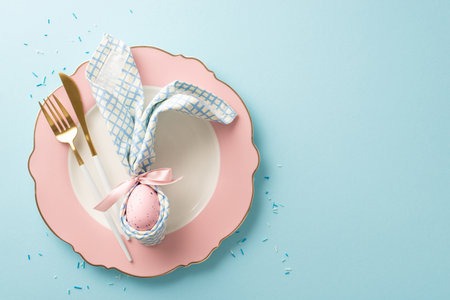 Bunny Bliss Table: Overhead shot of an Easter-themed table setup featuring a plate, bunny ears...