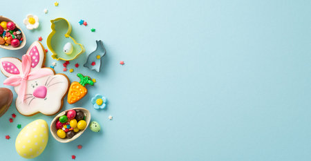 Easter treat preparation scene. Top view of table set for baking, showcasing cookie cutters,...