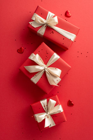 Luxe gifting concept for women: vertical top view of premium fashionable boxes, heart decorations, and confetti scattered on a red canvas, plus a spot for wordingの写真素材