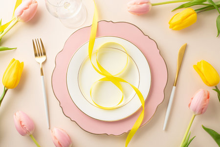 Woman's Day dining concept: Overhead shot of a lavish plate with an 8-shaped ribbon, utensils, a...