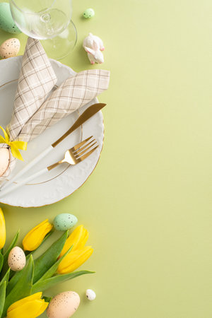 Easter serving concept: vertical top view bunny-ear napkin, polished cutlery, glass, vibrant tulips,...