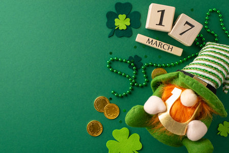 Overhead shot of wooden block calendar displaying the date for a festive celebration, surrounded by a leprechaun's gold, dwarf toy, lucky horseshoe, trefoils, confetti, beads on vibrant green backdropの写真素材