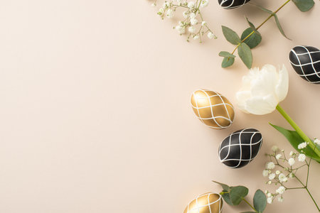 Opulent Easter theme: top view vertical photo of black and gold eggs, eucalyptus leaves, gypsophila...
