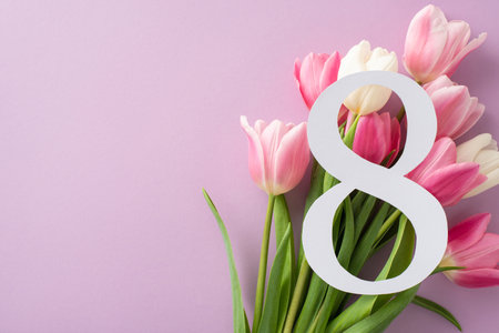 Women's Day top view composition: The number 8, framed by a bouquet of tulips, positioned on a light...