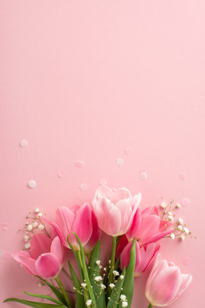 Women's Day charm: vertical top view of abundant tulips with gypsophila, decorative confetti on a gentle pink base, with a clear space for text or advertisingの写真素材