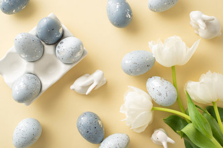 Easter aesthetic display: top view pattern image of ash gray eggs in a custom ceramic bowl, bunnies...