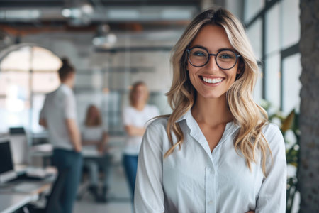 Professional development session. Picture showcases a delighted blonde woman smiling at the viewer, framed by a sleek office setting and collaborating colleagues. Generated A.I.の素材