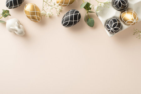 Elegant Easter arrangement: top view perspective of chic black and gold eggs in earthenware container, bunny ornament, eucalyptus greens, gypsophila, on a soft beige foundation, blank space for textの写真素材