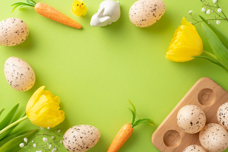 Colorful Easter setup. Top-down view of eggs in a crate, Easter bunny's carrots, gypsophila, and...