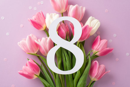 Celebrating Women's Day: A top view flat lay of a numeral 8 card, abundant tulips, and purple...