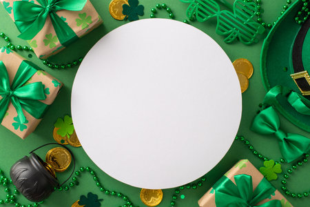 Charming St. Patrick's scene from overhead, with shamrocks, hat, blessing coins, surprise boxes, and more, arranged on a green background, leaving circular space for copyの写真素材